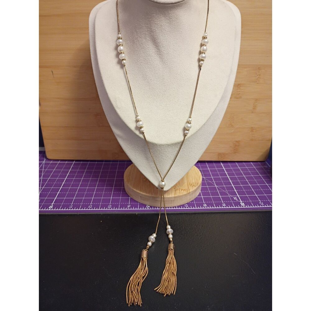 Vintage Station Tassel Necklace Gold Tone with Faux Pearls & White Beads Accents